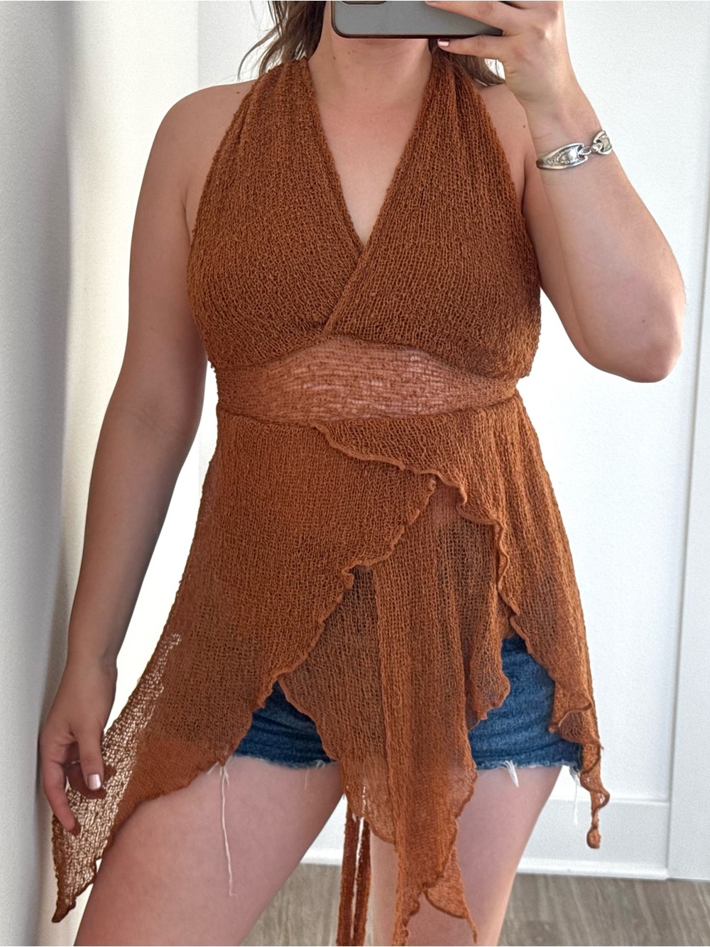 Alli Open Knit Halter Top Asymmetric Backless